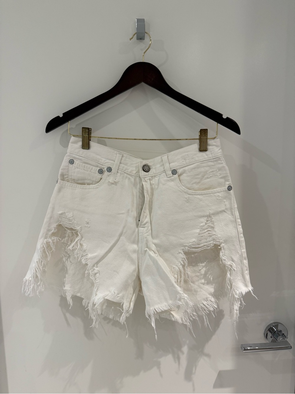 R 13 White Distressed Denim Shorts
